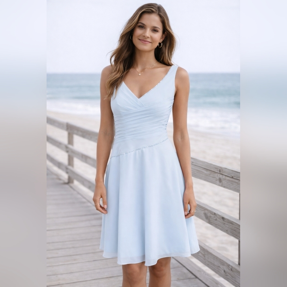 JJ's House Pale Blue Chiffon Sequins  V plunge Elegant Formal Dress  Prom Size 6